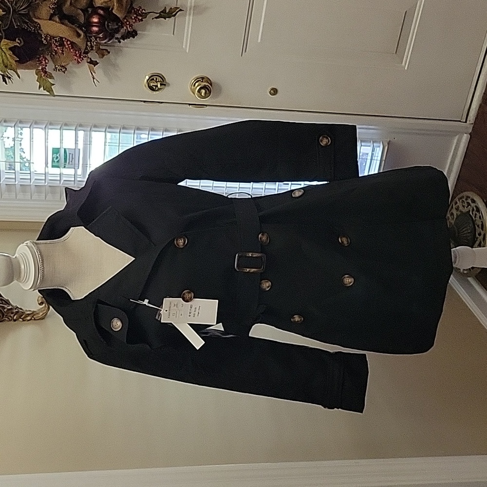 Creatmo US black trench cost double breasted overcoat belted detach hood…S NEW